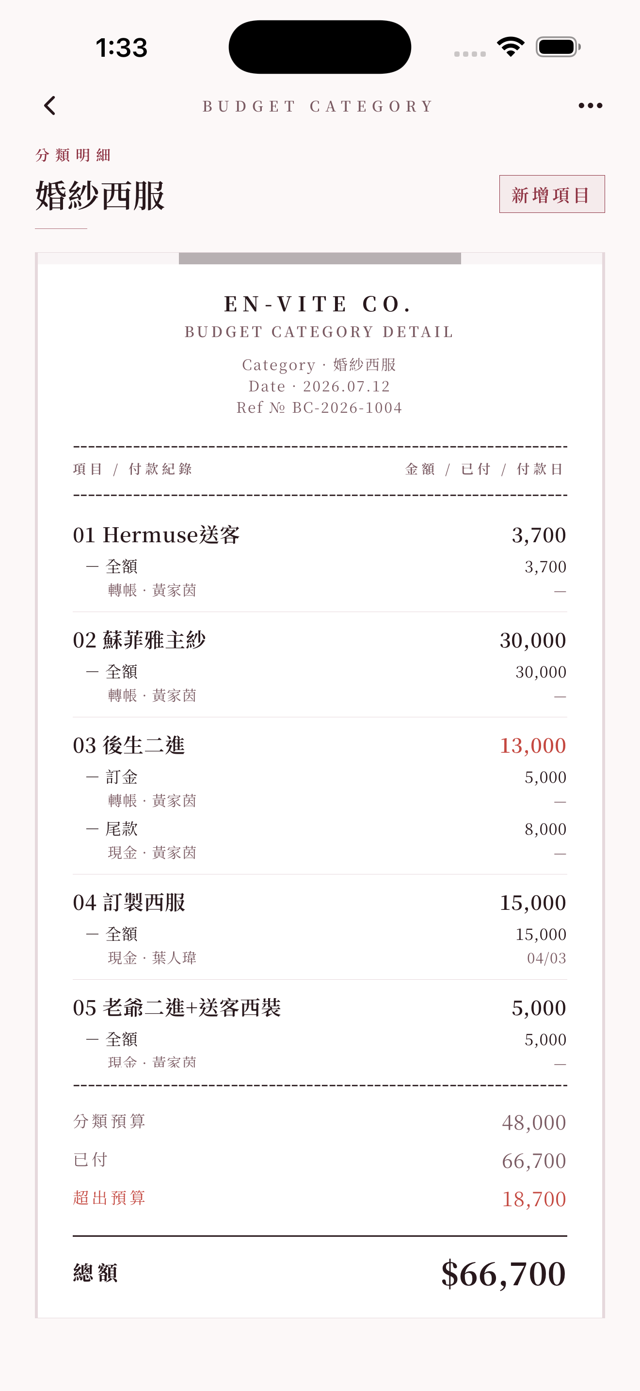 分類明細:項目與逐筆付款