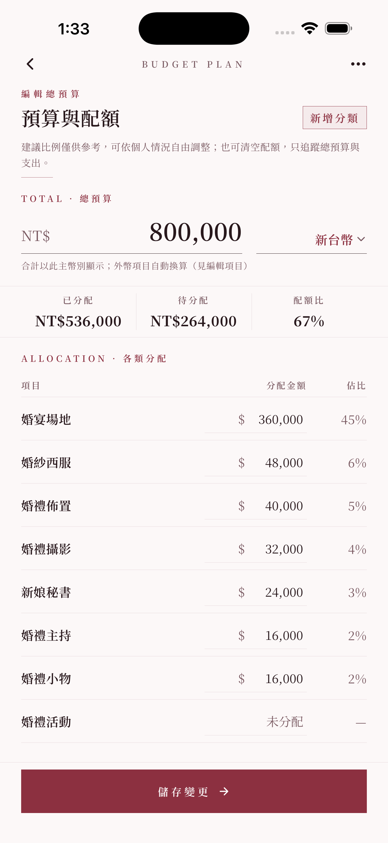 編輯總預算與各分類配額