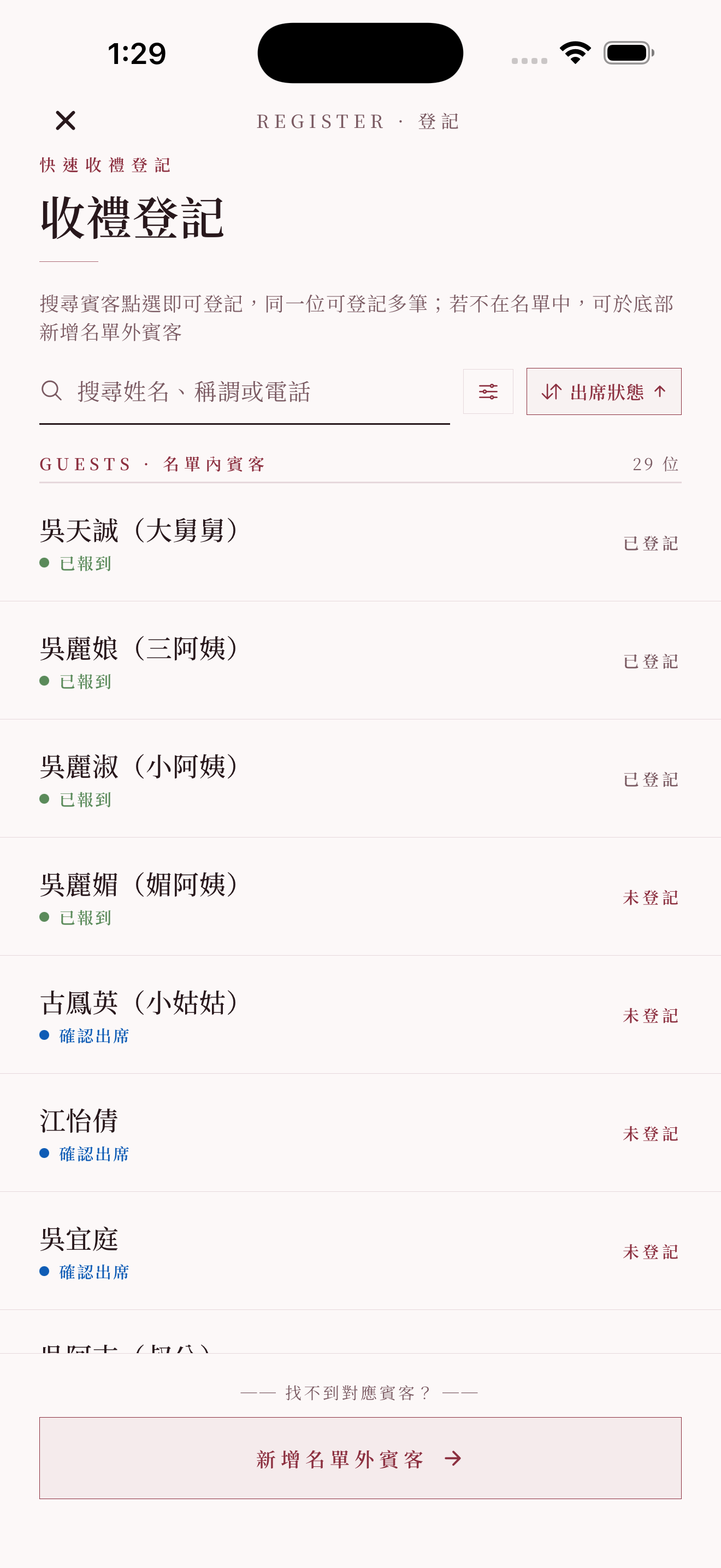登記表單:禮金/禮品、金額或品名、代送、備註