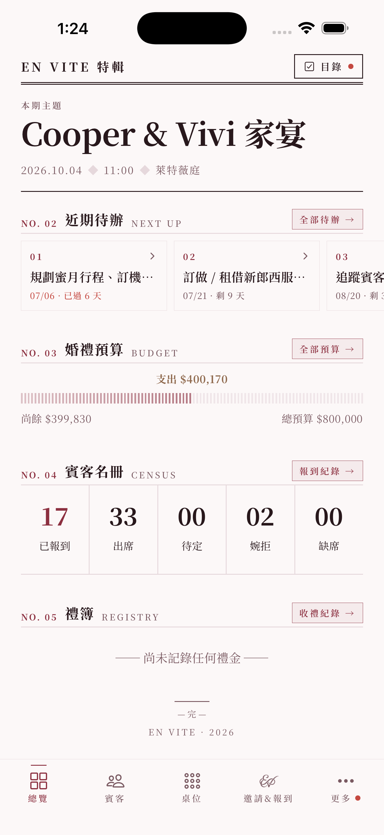 首頁區塊:賓客名冊與婚禮預算摘要